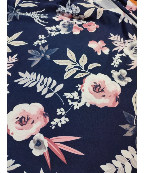 Granatowa elastyczna dzianina Jersey - pudrowe kwiaty - kupon 2,40m